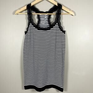 ICON APPAREL Womens Black Striped Lace Accent OFSM Racer Back Tank‎ Top y2k